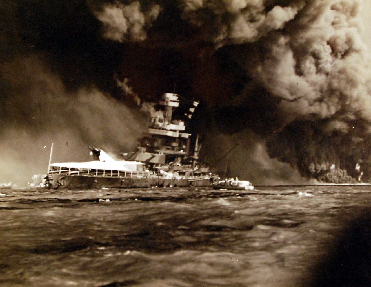 80-G-32935:  Japanese Attack on Pearl Harbor Attack, 7 December 1941.    USS California (BB 44) after the attack. U.S. Navy photograph, now in the collections of the National Archives.        (9/13/2013).