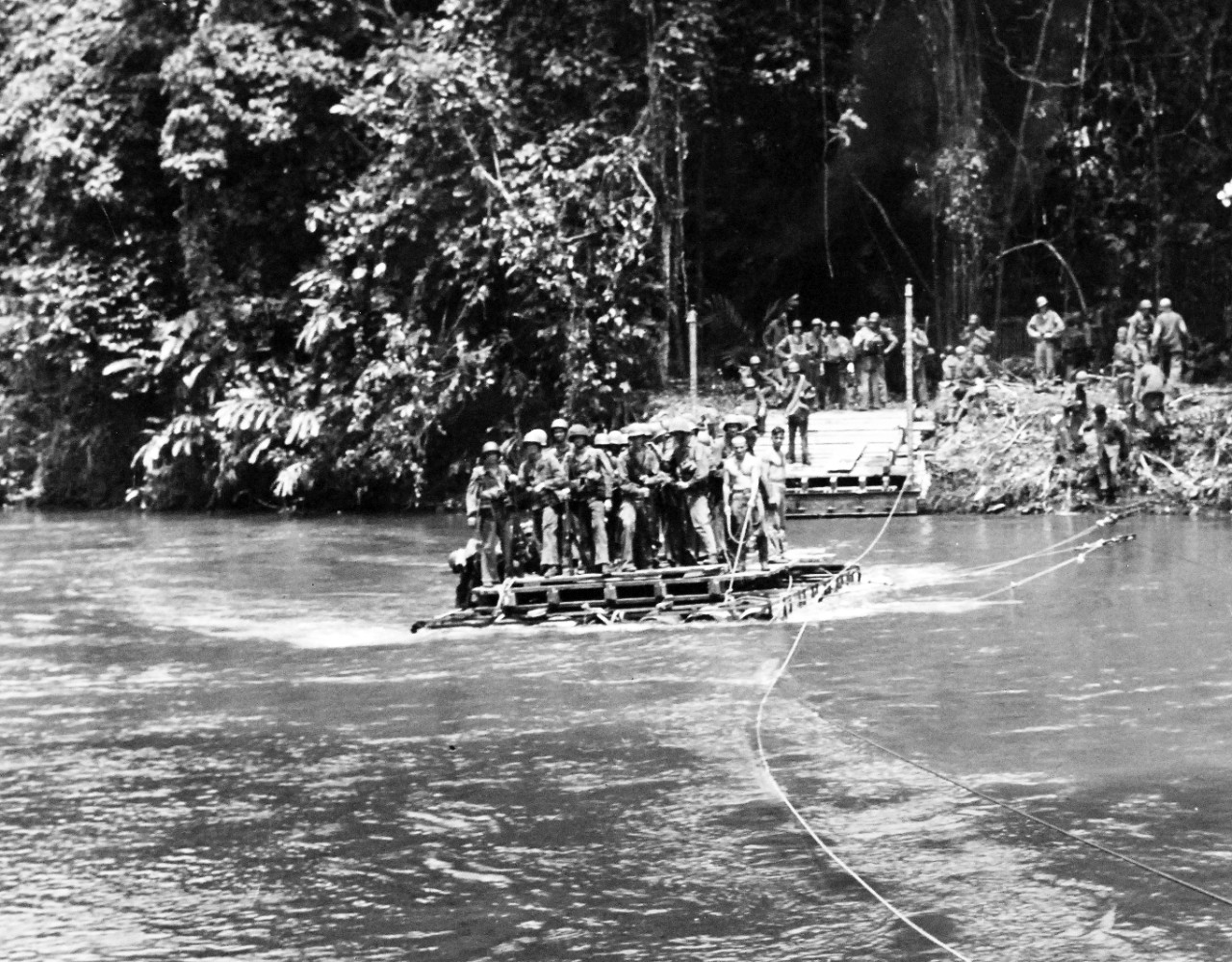 80-G-40267:  Guadalcanal Operation, August 1942-February 1943  U.S. Marine engineers, on Guadalcanal Island during the Solomon Islands Campaign, use constructed rafts, 1942.  U.S. Navy Photograph, now in the collections of the National Archives (2015/10/20).