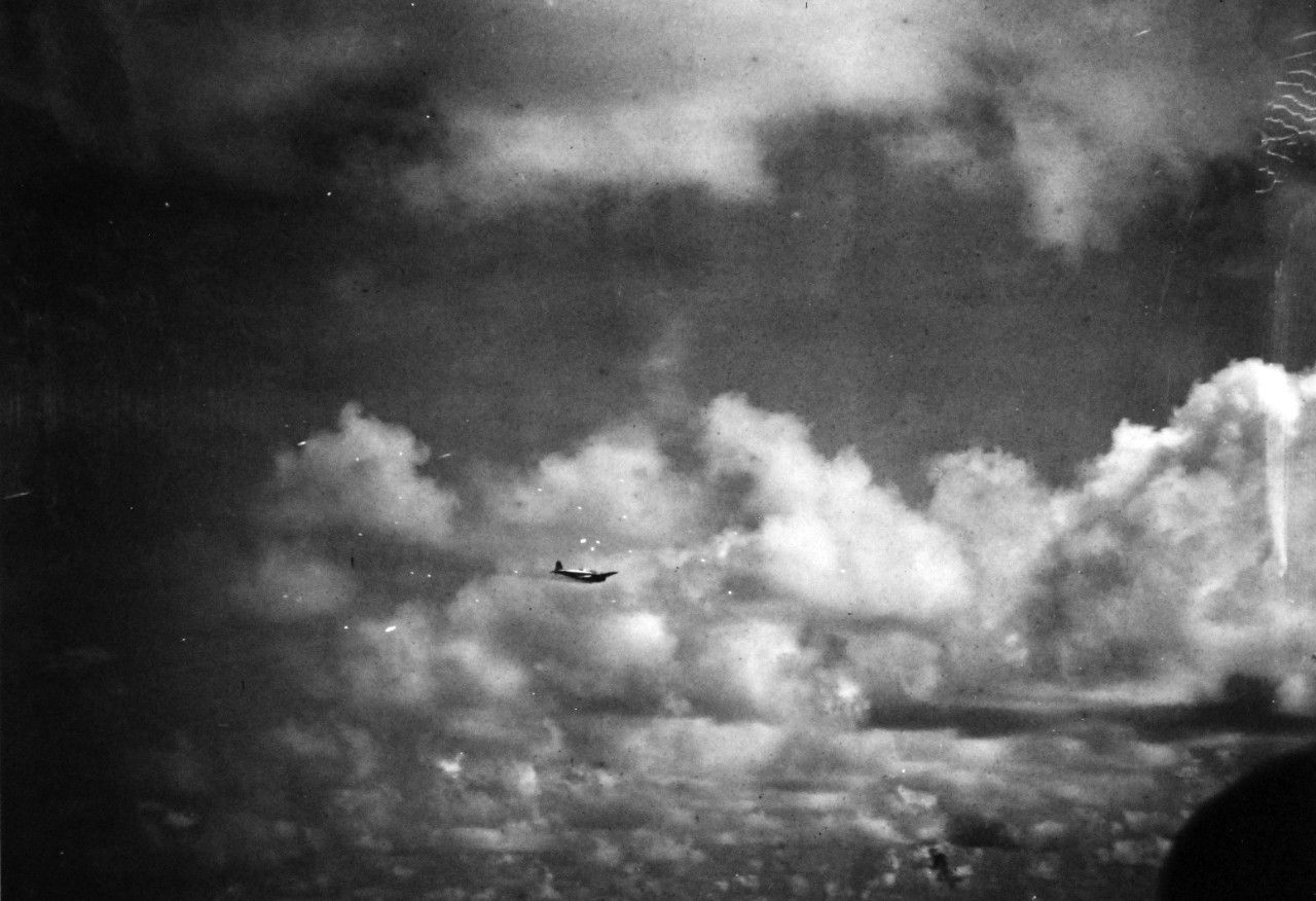 80-G-33952:  Battle of Santa Cruz Islands,  26 October 1942.  Sinking of USS Hornet (CV 8) by attacks from Japanese Nakajima B5N “Kate” torpedo bomber.  Photographed from USS Pensacola (CA 24).  U.S. Navy photograph, now in the collections of the National Archives.  (2015/11/17).