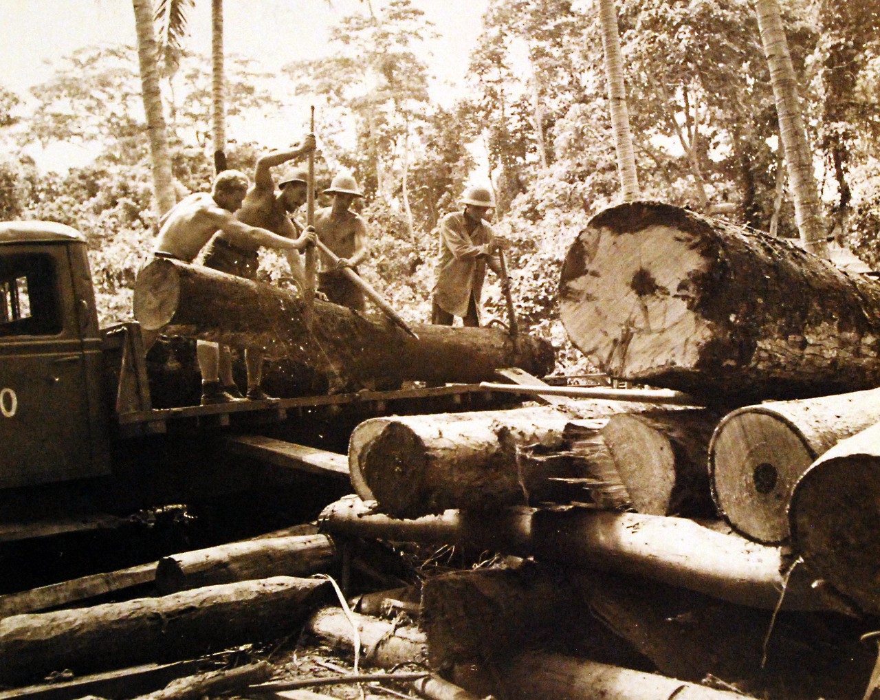 80-G-39221: Guadalcanal Campaign, August 1942-February 1943.  Navy Seabees doing construction work at Guadalcanal.  Note work in the sawmill, lifting logs from a truck, January 30, 1943.   Official U.S. Navy photograph, now in the collections of the National Archives.  (2016/12/06).