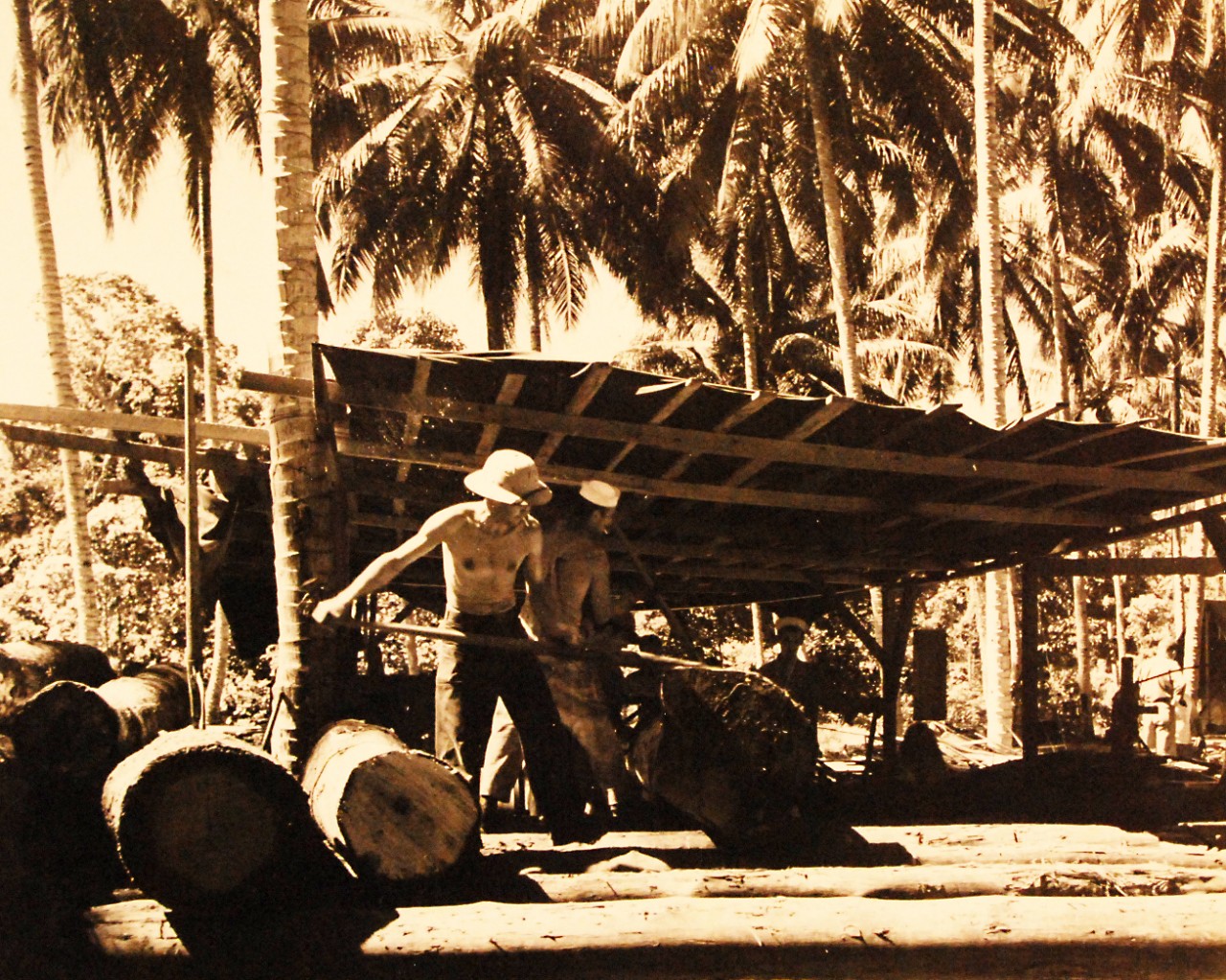 80-G-39223: Guadalcanal Campaign, August 1942-February 1943.  Navy Seabees doing construction work at Guadalcanal, working in the sawmill moving logs, January 30, 1943.   Official U.S. Navy photograph, now in the collections of the National Archives.  (2016/12/06).