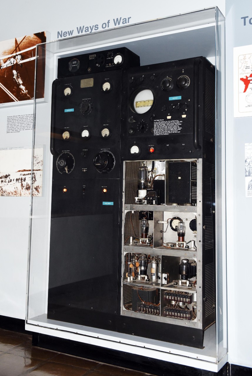 NMUSN-5239:   XAF Radar Receiver, USS New York (BB-34), 2010s.    On display.     This radar was the first to be used onboard a U.S. Navy ship in December 1938.  National Museum of the U.S. Navy Photograph Collection.