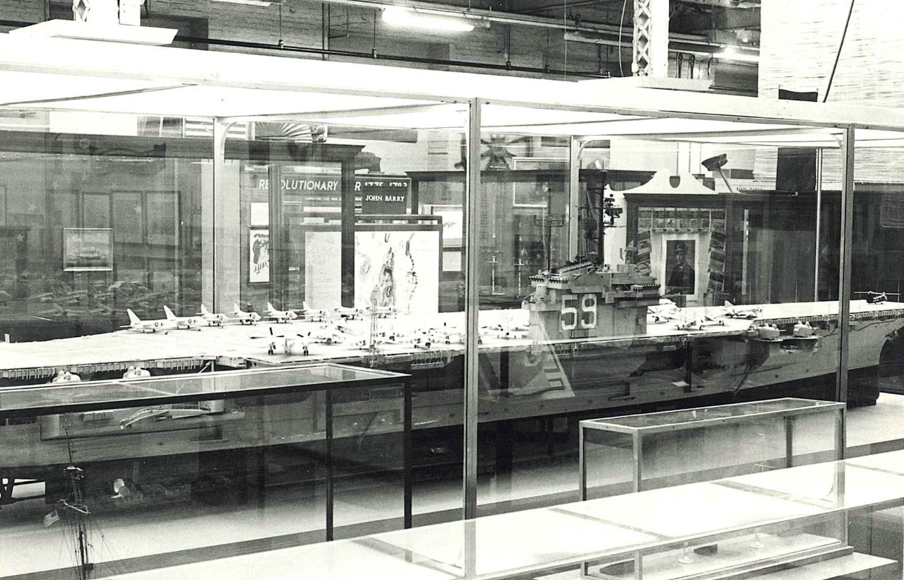 NMUSN-2474: USS Forrestal (CVA-59), 1970s. Model on display in Bldg. 76, near the front entrance of the museum. National Museum of the U.S. Navy Photograph Collection.