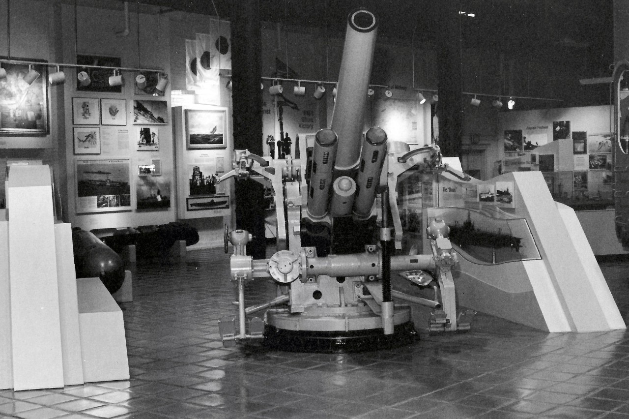 NMUSN-384: 5-inch, .25 Caliber Submarine Deck Gun, late 1980s. This photograph shows the gun in the Pacific section of the In Harm’s Way World War II exhibit. National Museum of the U.S. Navy Photograph Collection.