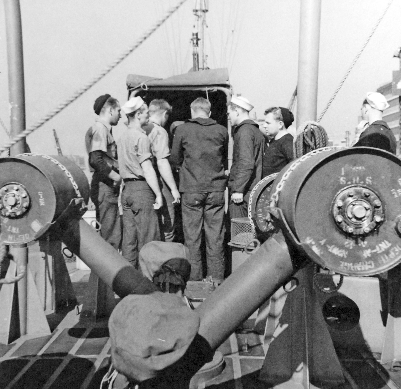 80-G-14954: Navigating USS PC-556. Depth charges onboard.