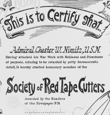 Certificate to Admiral Chester W. Nimitz, USN, from the "Society of Red Tape Cutters".