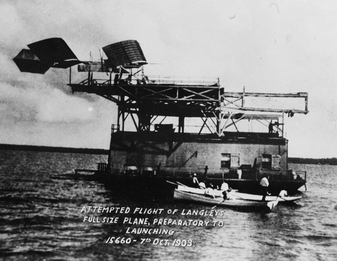 Attempted Flight of Langley's Full Size Plane, Preparatory to Launching, October 7, 1903.