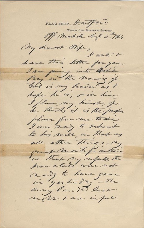 Image of 1st page of Admiral Farragut's letter to his wife.