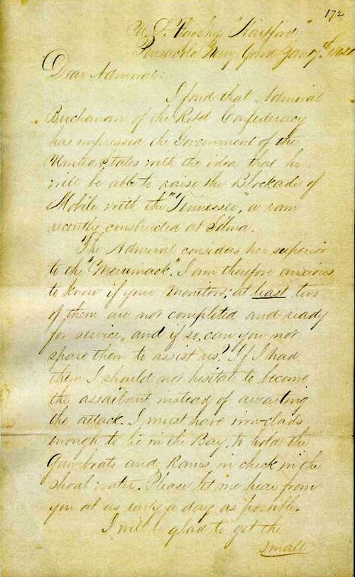 Image of 1st page of Admiral Farragut's letter to Rear Admiral Porter.
