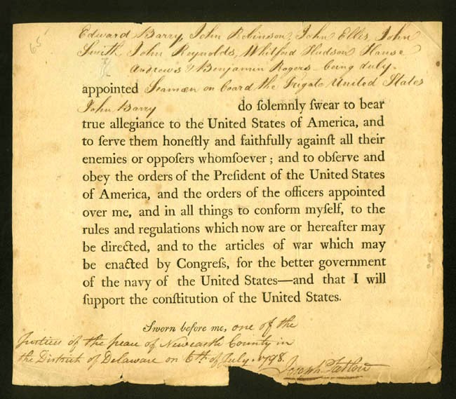 <p>U.S. Frigate Enlistment Oath of Eight Seamen&nbsp;6 July 1798, signed by Joseph Tatlow</p>
