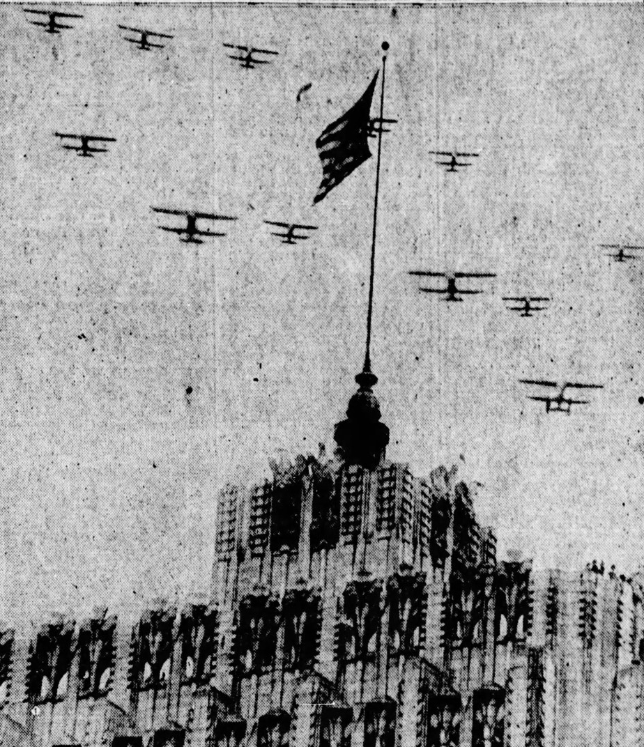 U.S. Navy planes fly over San Francisco's Pacific Telephone building