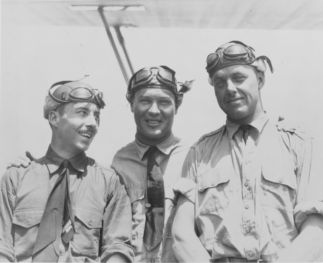 Members of the Navy’s first aerobatic team, the Three Sea Hawks