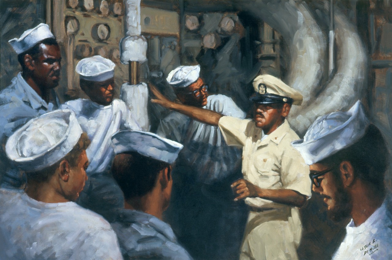 6 enlisted sailors receiving instruction from a Black officer