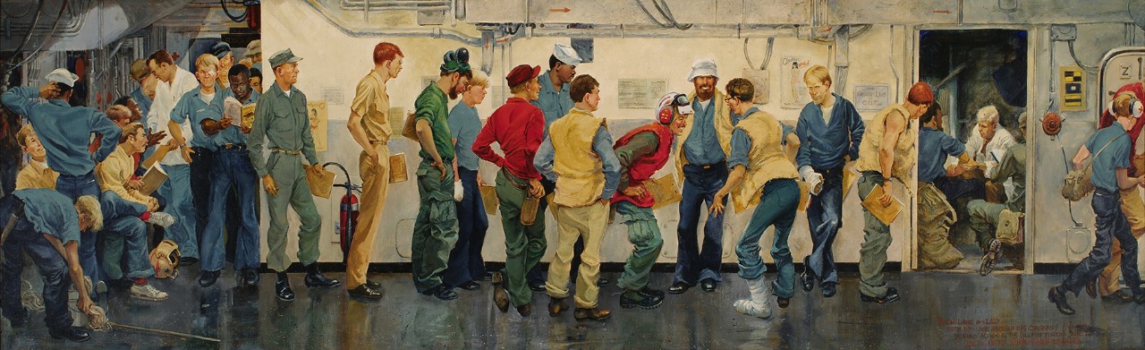A line of sailors waiting to make a sick call