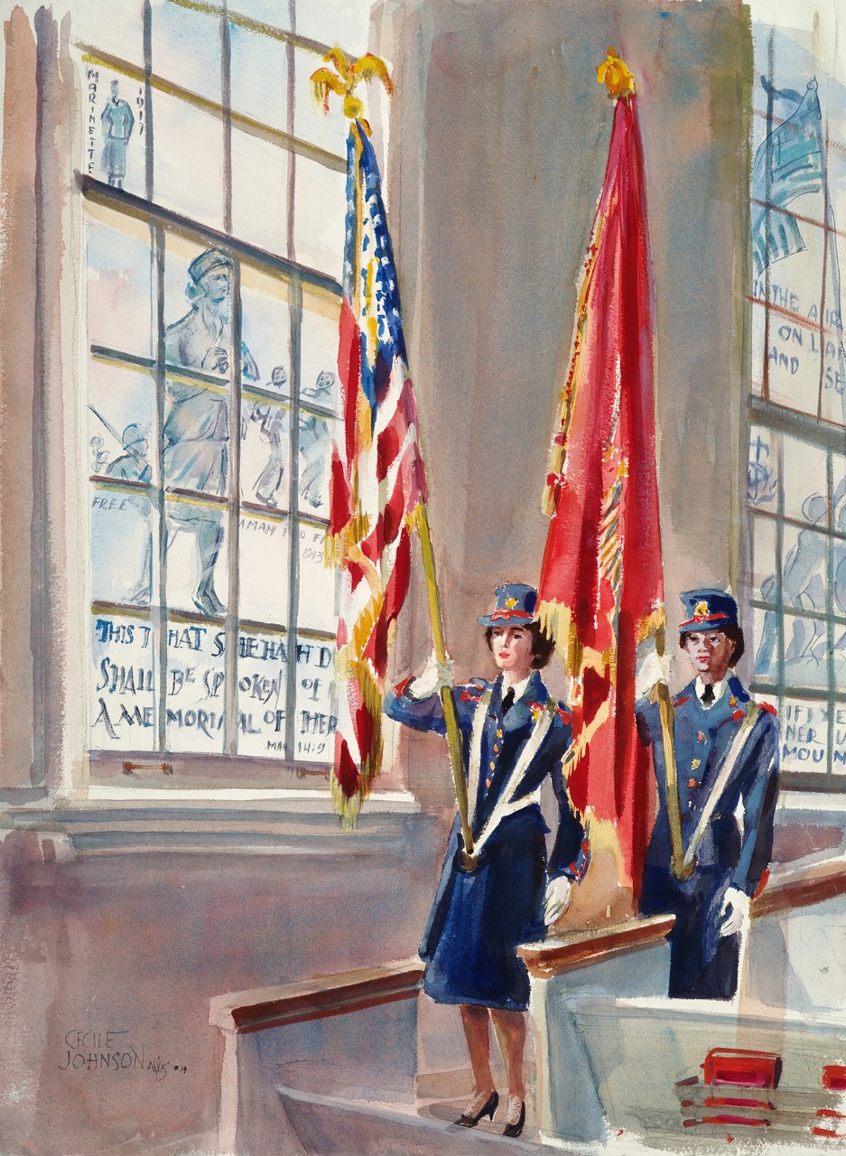 Two women marines carrying the US flag and Marine Corps flag standing in front of a stained glass window