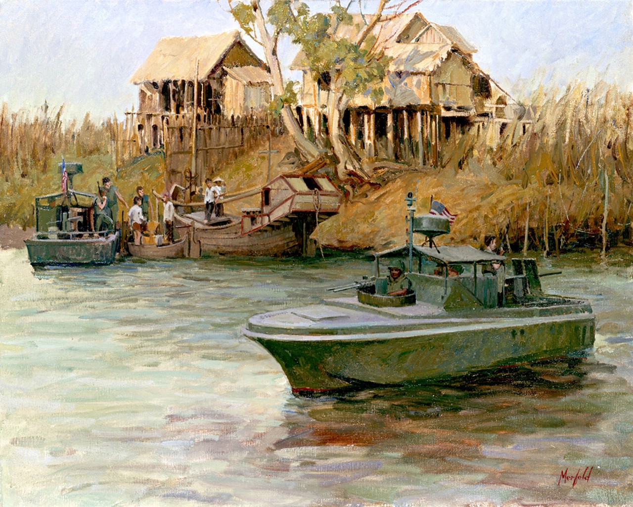 A small patrol boat on a river in front of a house