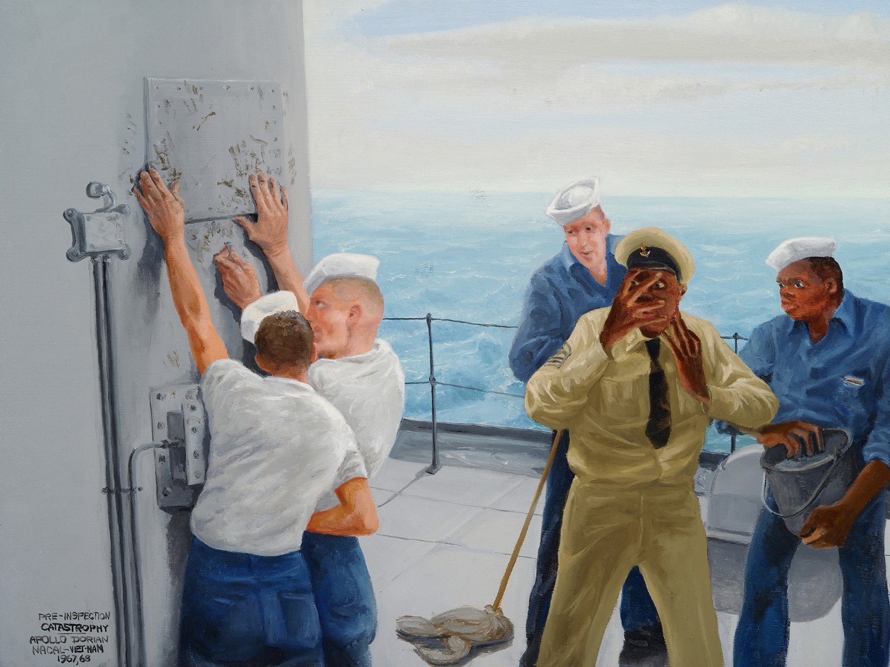 Two sailors with dirty hands are closing an access hatch and getting fingerprints on everything. An officer is watching with his hands over his eyes behind him are two other sailors one has a bucket the other a mop