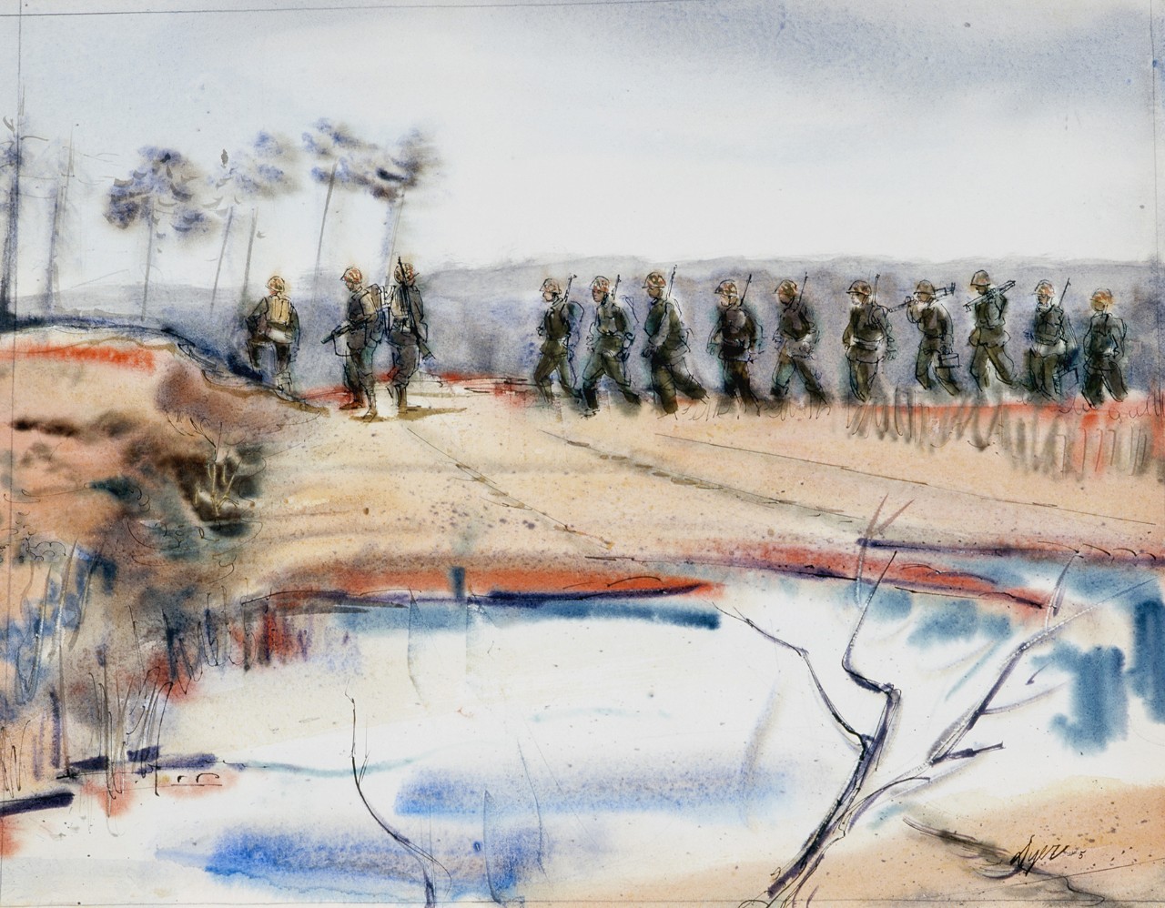 Marines are marching across a field