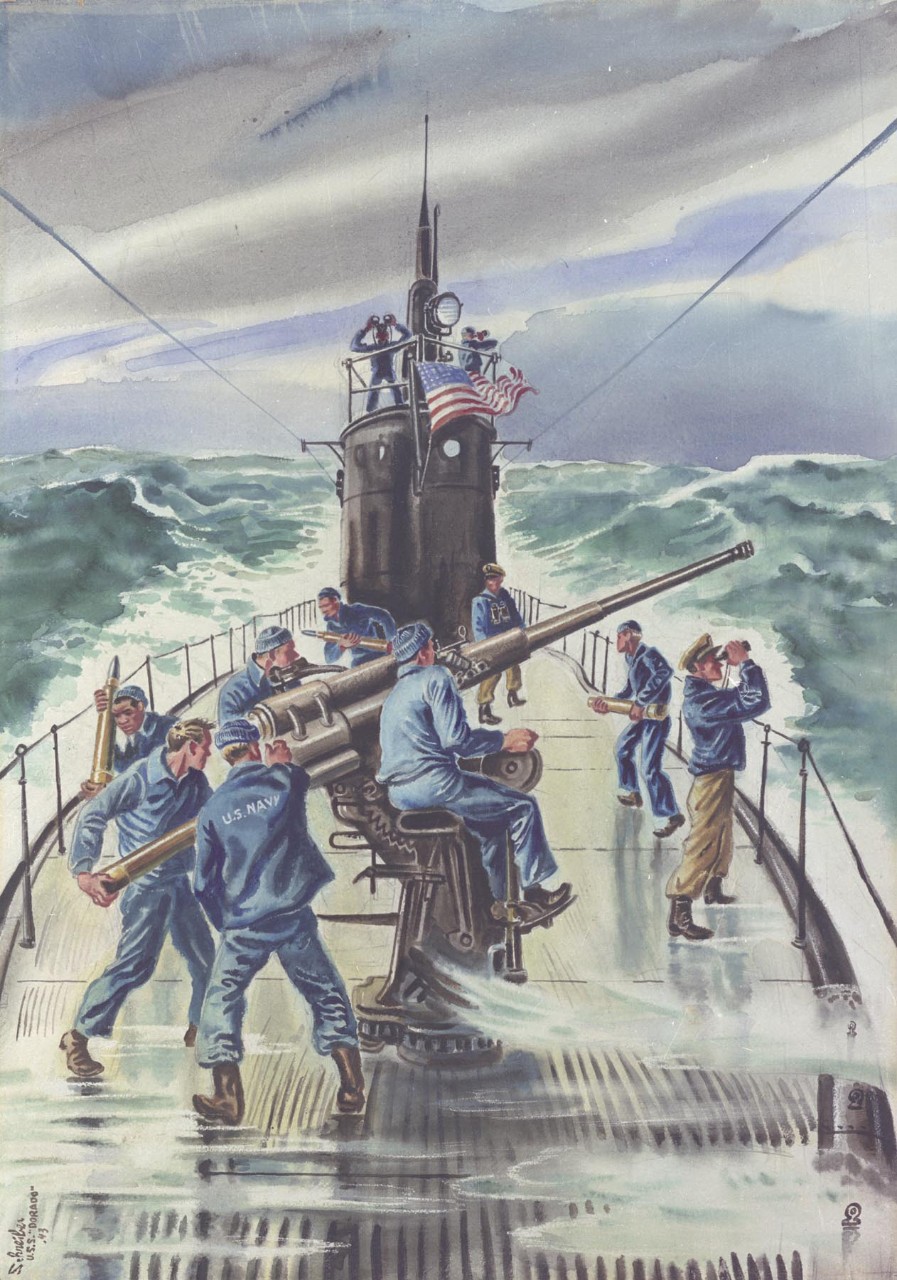 The crew firing the deck gun of a submarine. An African American sailor carries a shell.