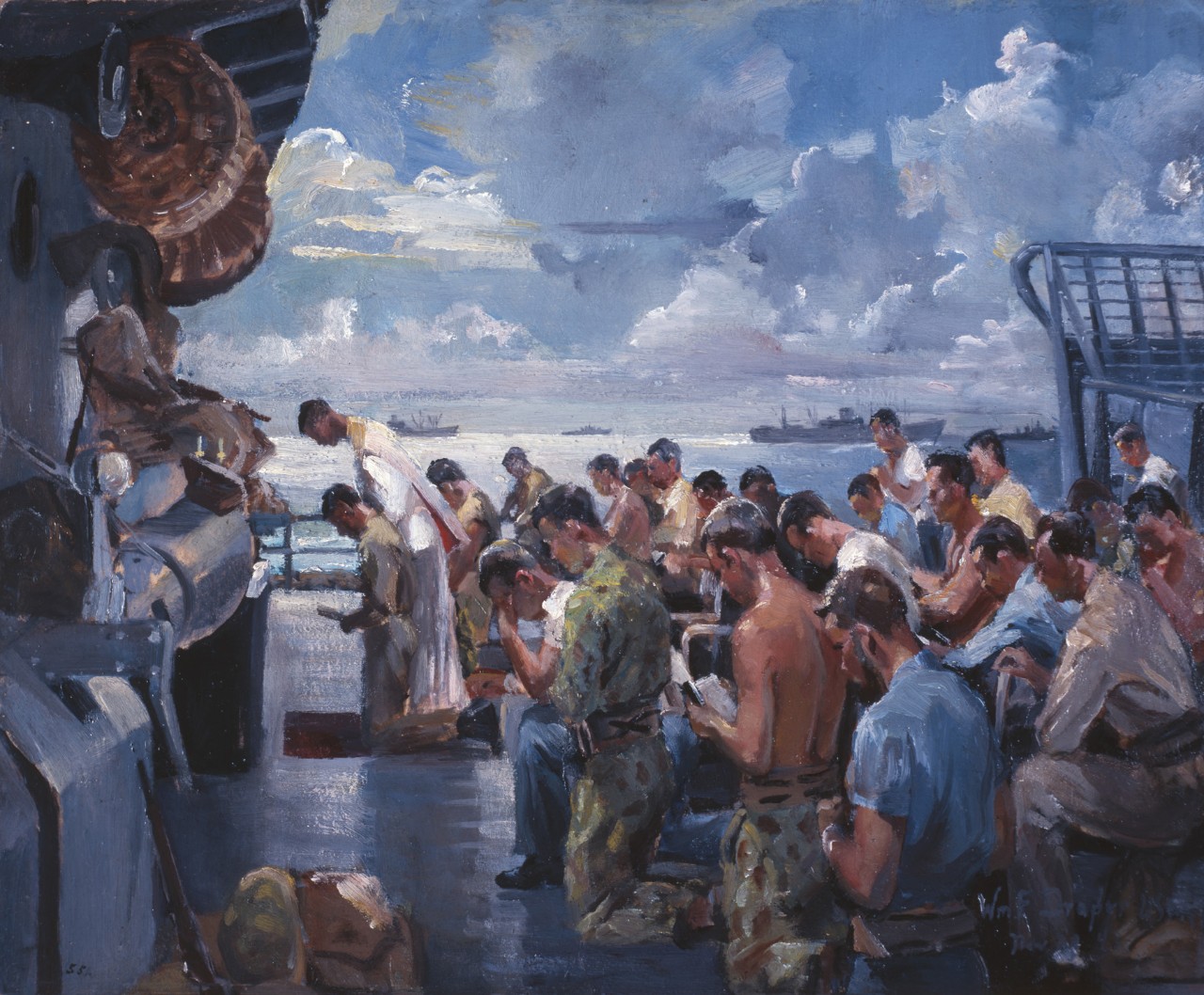 Sailors on the deck of a ship receiving mass