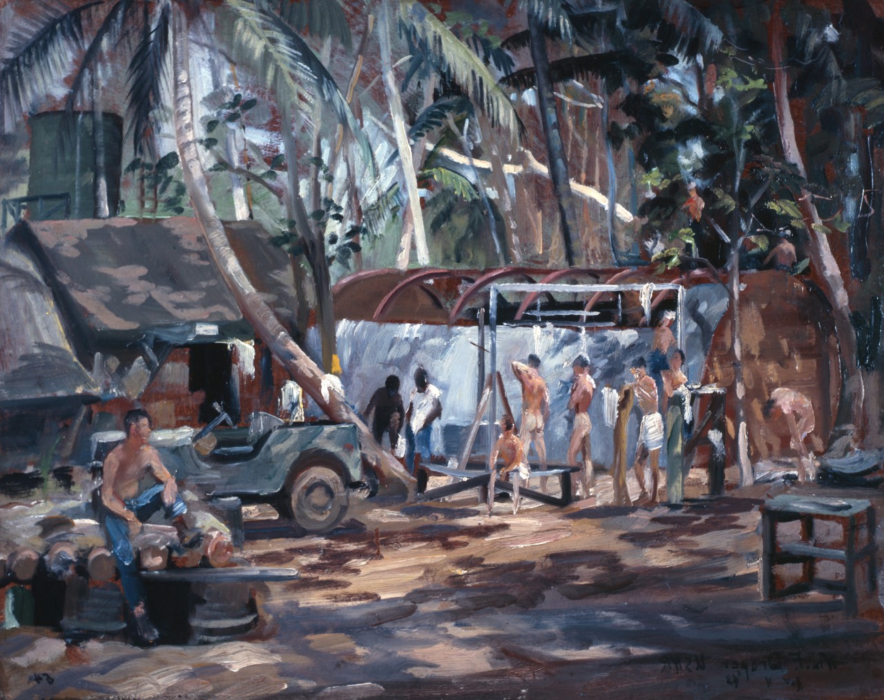 A group of sailors heading to a make shift shower in the jungle