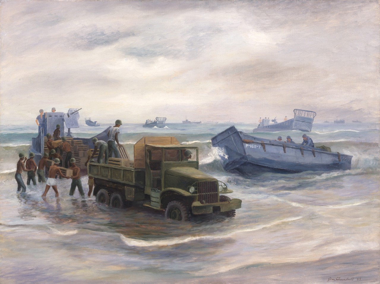Supplies are unloaded from a landing craft