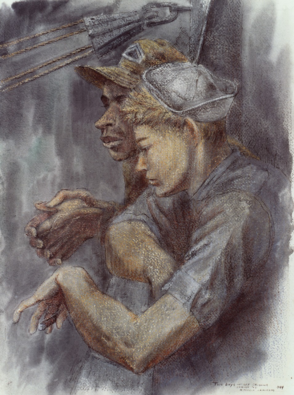 Two sailors at the railing of a ship having a quiet moment.