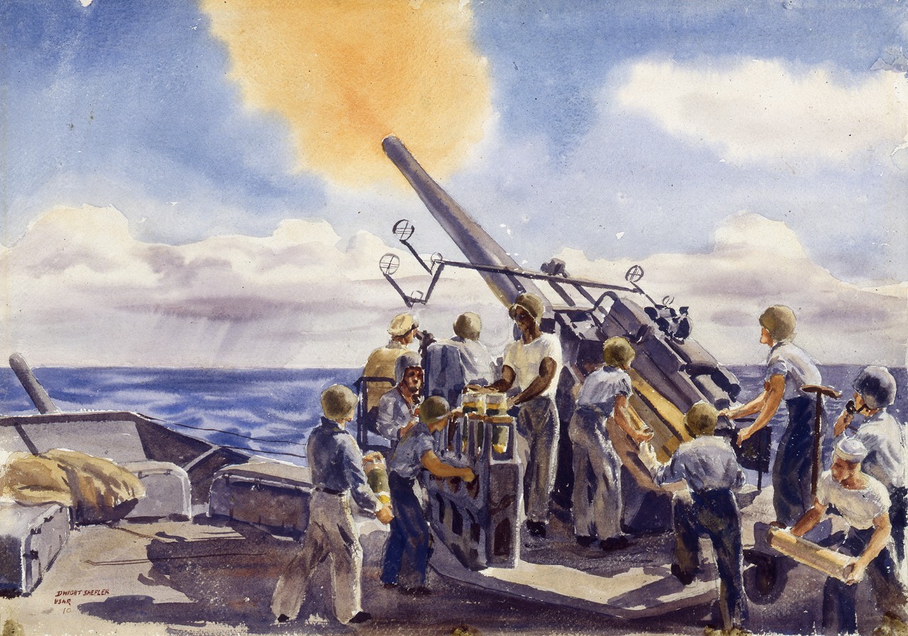 A gun crew practicing firing at general quarters with a black sailor in the center. He is carrying a shell