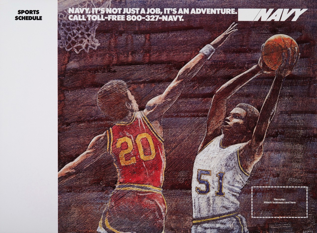 Two African American men playing basketball on a poster that says, “Navy it's not just a job. It's an adventure call toll-free 800-327-navy."