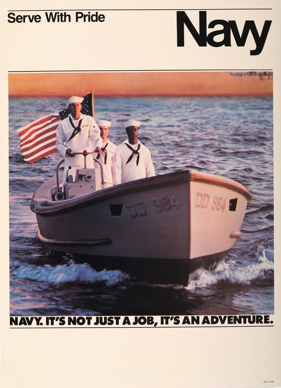 Three sailors in a whaleboat on the ocean at sunset below the image it says "Navy. It's Not Just a Job It's an Adventure"