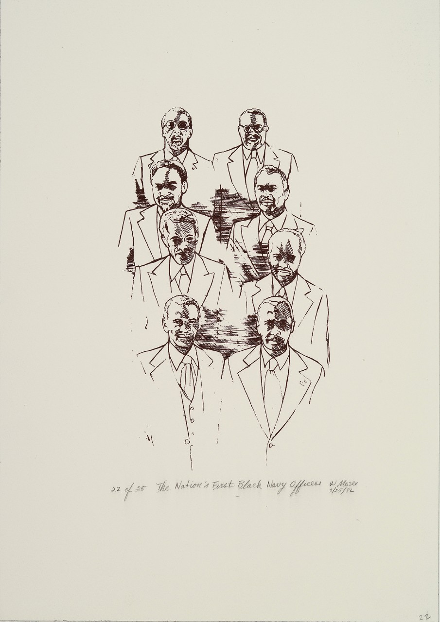 Eight of the 13 first black naval officers. They are arrange in two vertical rows in two columns of four each they are older and wearing suits.
