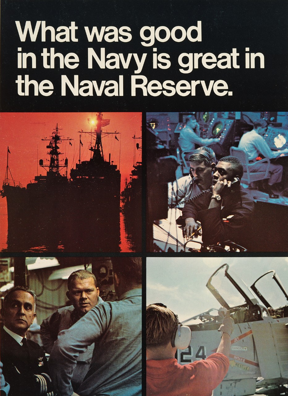 A poster with four picture the first is three ships docked at sunset. The second is a control room. The third two enlisted talking to an officer and the fourth is an aircraft on the deck of a ship.