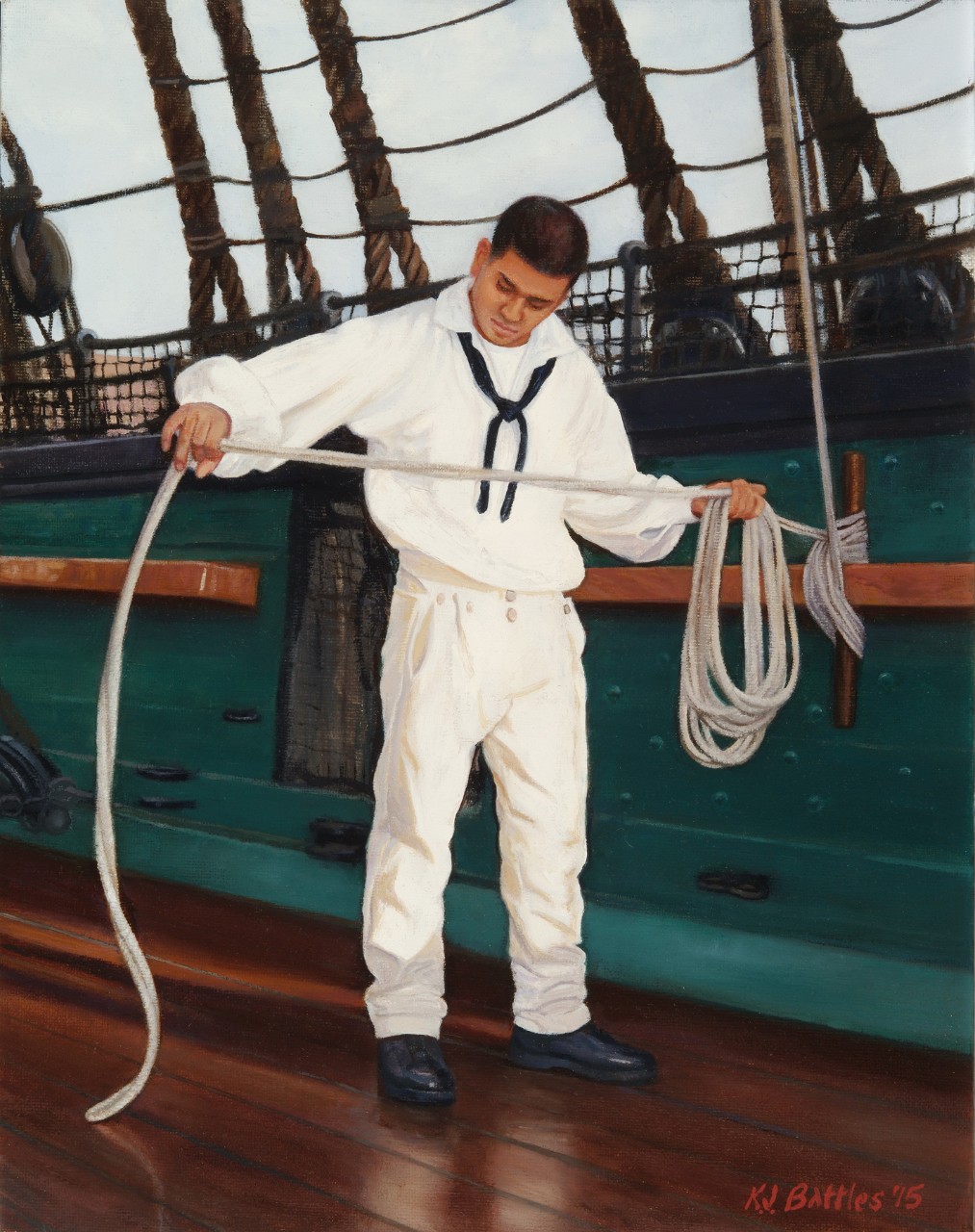 A sailor on the deck of USS Constitution in early 19th century uniform in coiling a rope