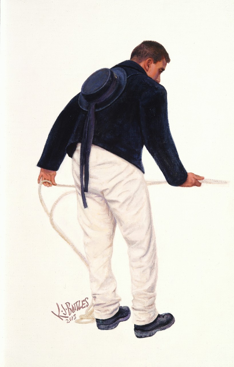 A sailor in early nineteenth century uniform pulling on a rope