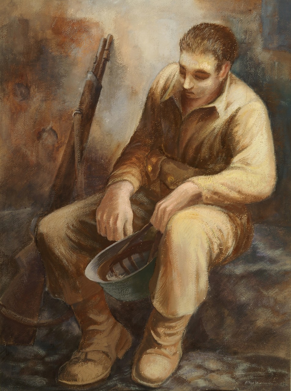 Soldier resting against a wall