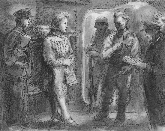 A woman being questioned by sailors
