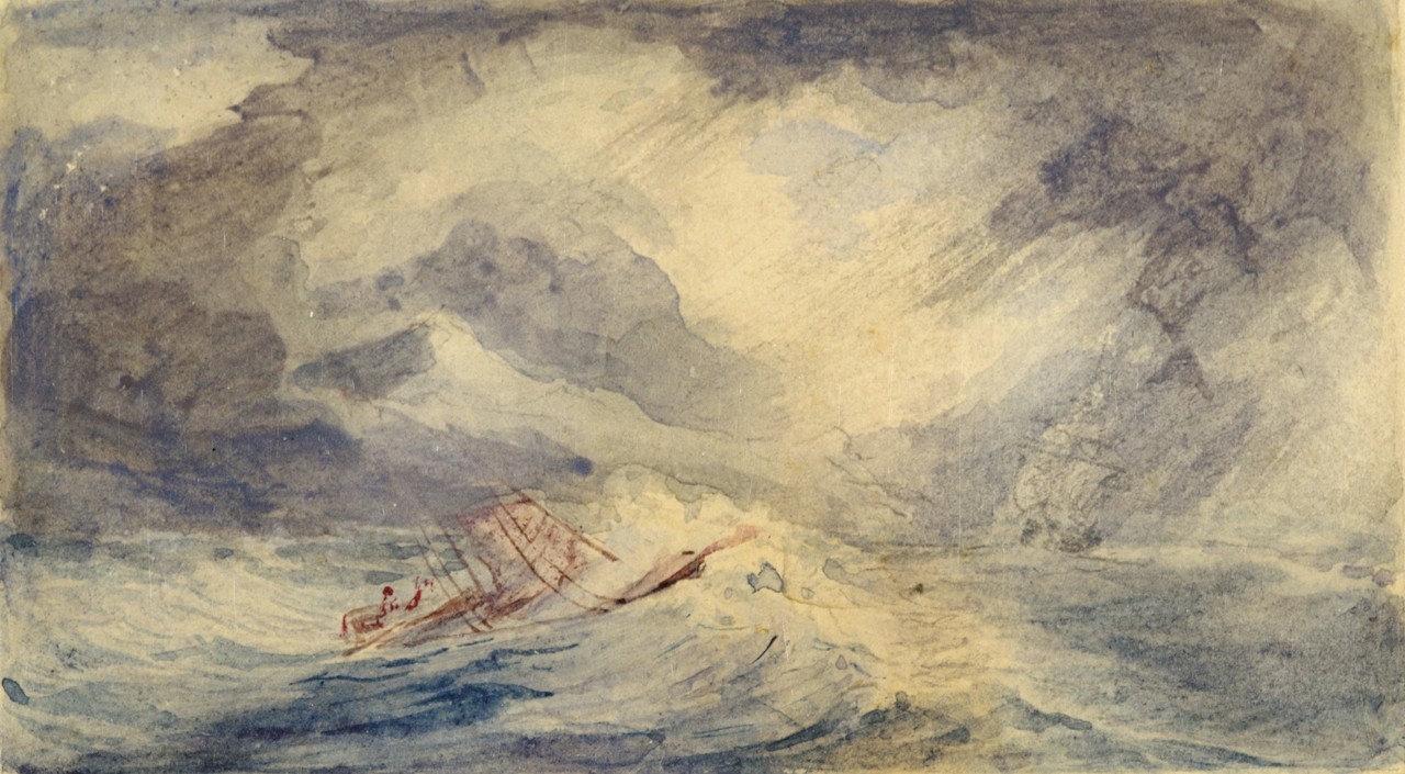 A sailing ship with a wave breaking on the deck