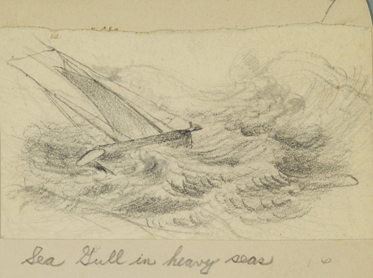 A sailing ship listing heavily to port side in rough seas
