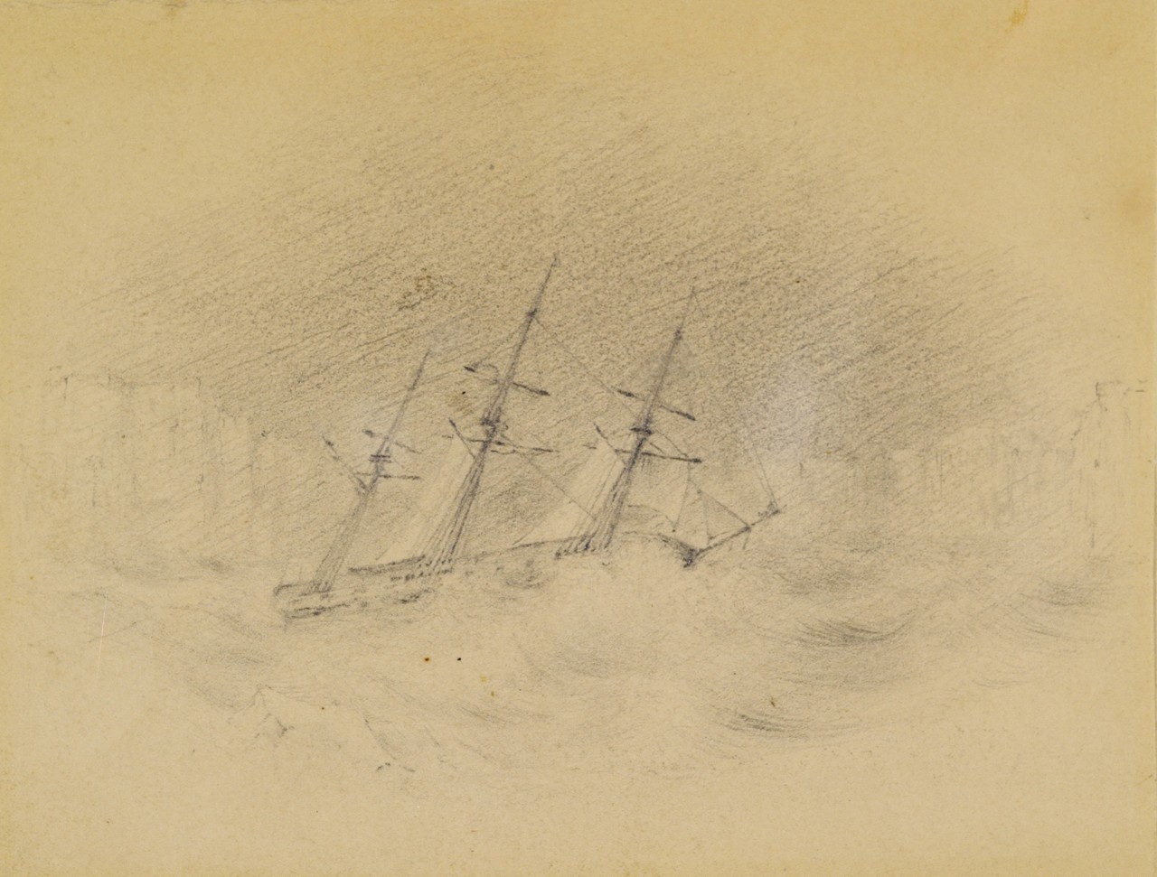 A ship in rough seas with an ice shelf in the background