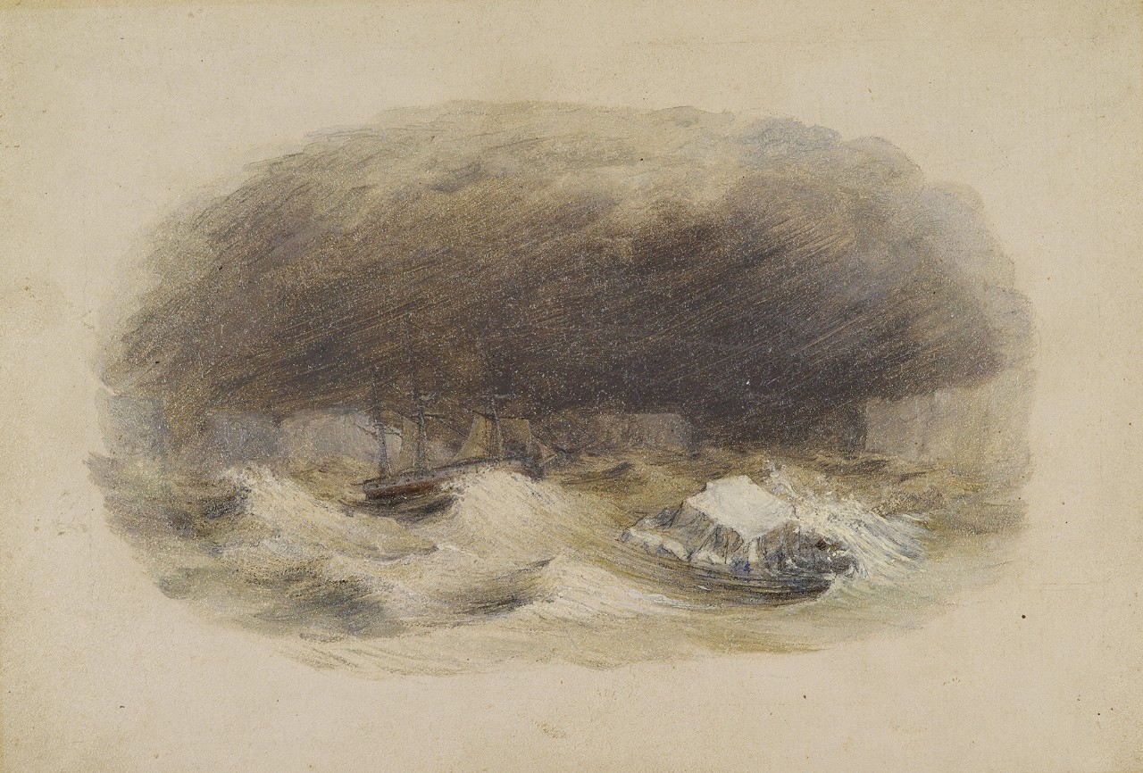 A sailing ship being pushed stern first into the ice self
