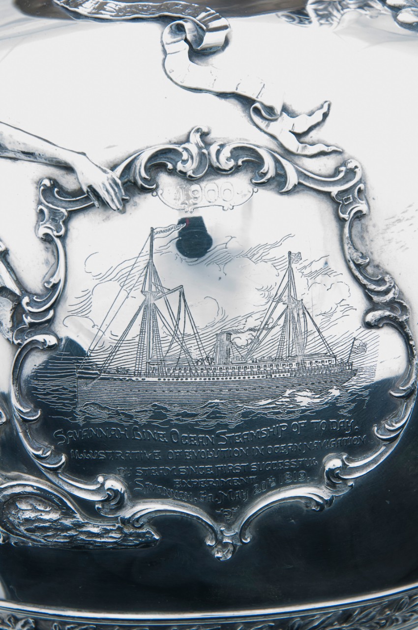 Detail of the ship Savannah from the obverse of the Loving Cup of Commodore Dewey
