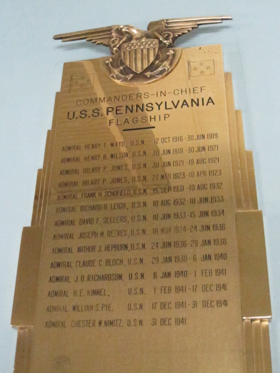 Brass plaque with Commanders in Chief of the Flagship USS Pennsylvania (BB-38)