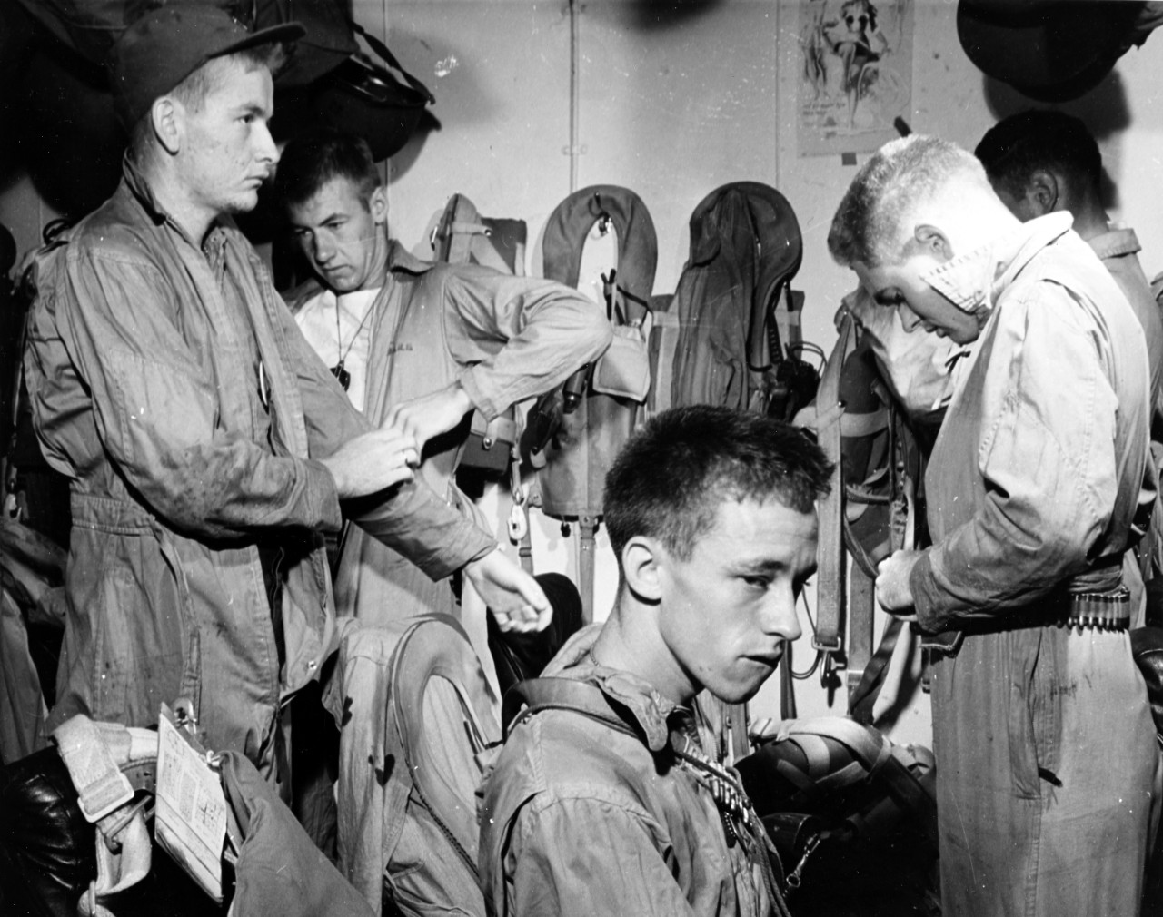 Pilots aboard USS Ticonderoga (CV-14) get ready for a strike on Manila Bay, 5 November 1944.