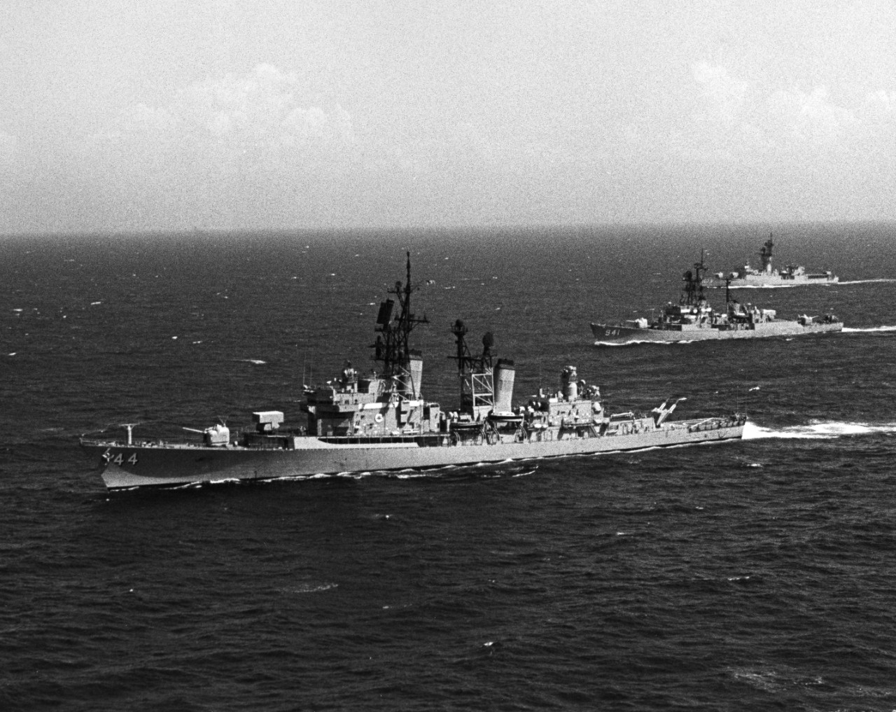Front to back: USS William V. Pratt (DDG-44), USS DuPont (DD-941), and USS Bowen (FF-1079), of Task Group 138, underway during inter-American exercises of UNITAS XIX, September 1978.