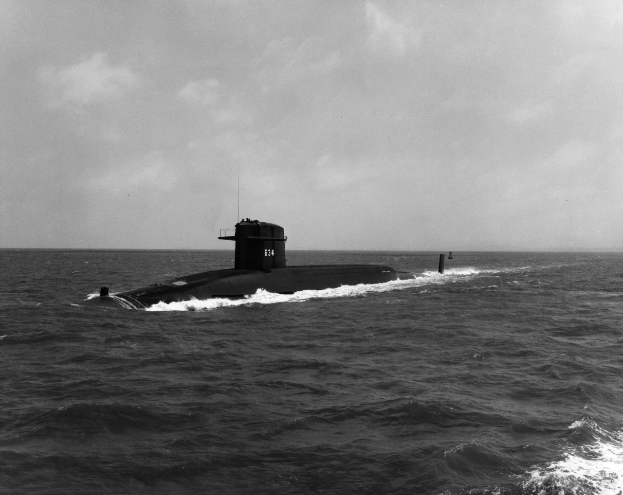 Nuclear powered ballistic missile submarine USS Stonewall Jackson (SSBN-634) underway on the surface