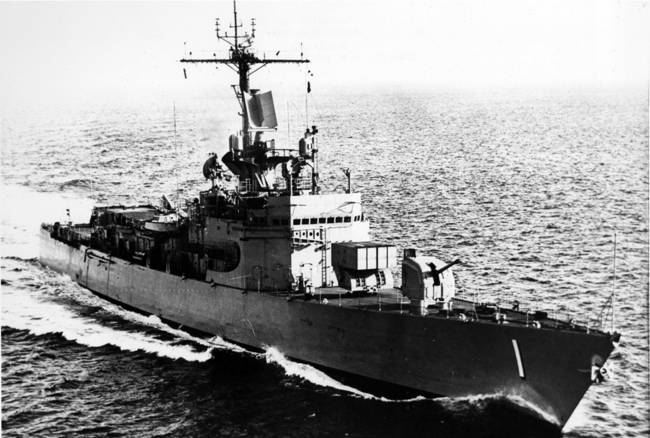 USS Brooke (DEG-1), 45 degrees off the starboard bow. February 2, 1966. 