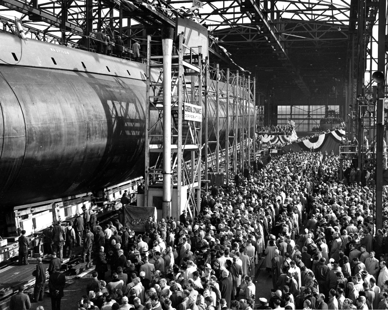 <p>Launching of the USS Nautilus (SSN-571) at the Electric Boat Co., Groton, CT at the launching. January 21, 1954.</p>
