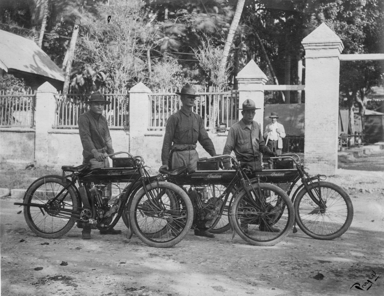 <p>NHF-038-E.18 the &quot;Indian&quot; motorcycle squad at headuarters Port au Prince</p>
