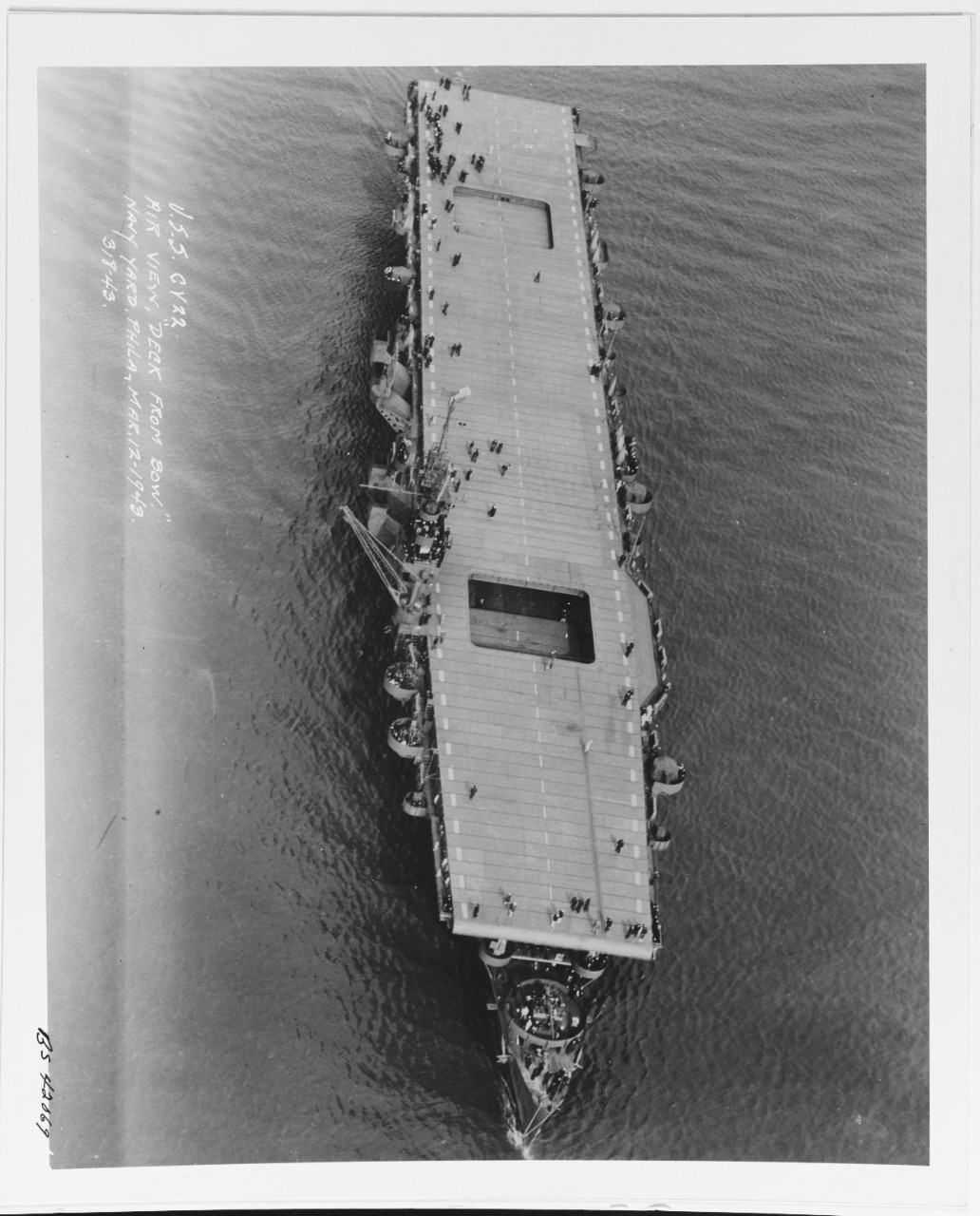 USS INDEPENDENCE (CVL-22), air view, deck from bow.