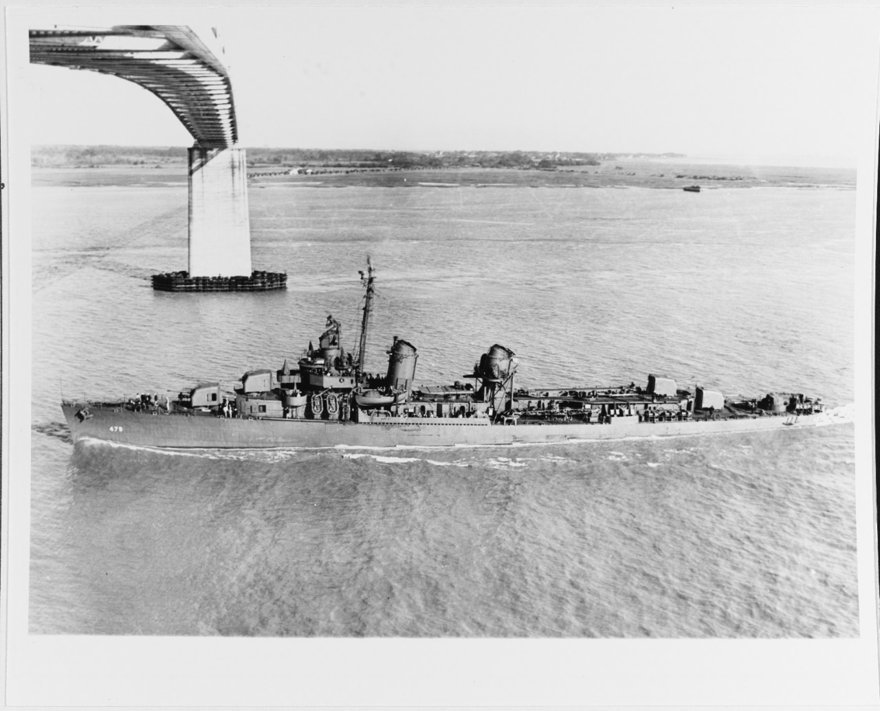 USS STEVENS (DD-479), air view, broadside, port side.